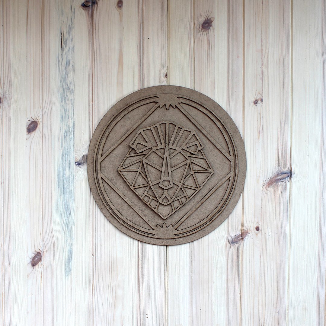 Lion Emblem Mounted on Natural Pine Wood Wall