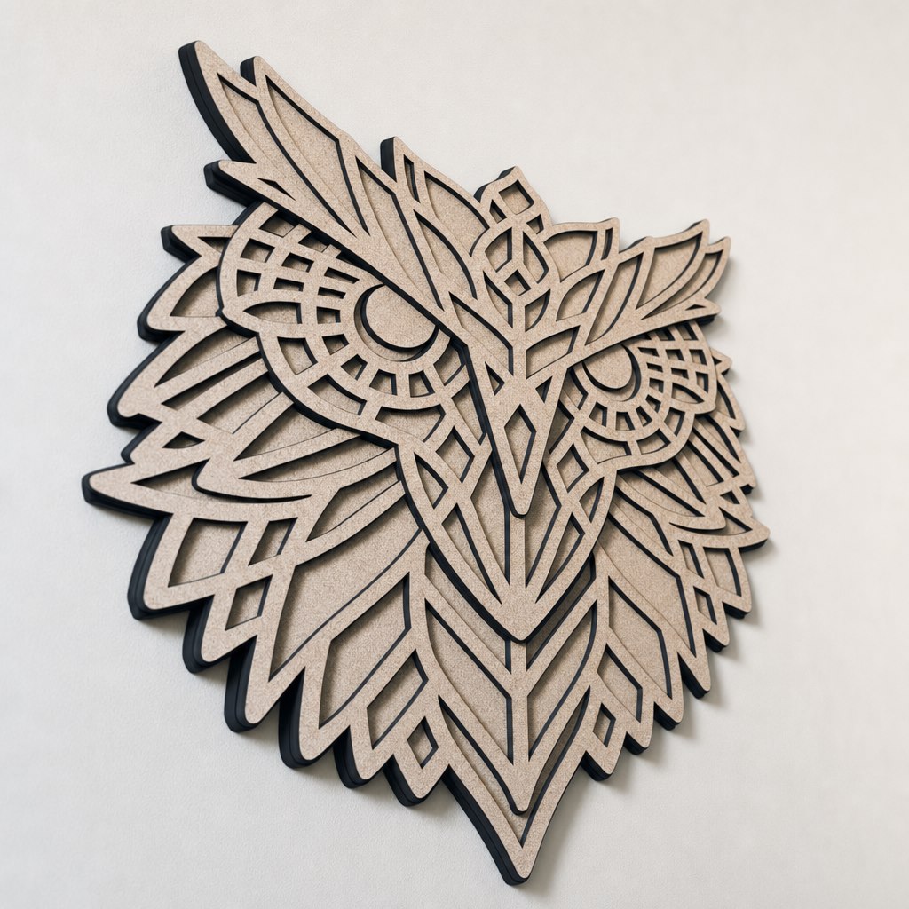 Mystic Owl Left Profile Showing Multi-Layer MDF Thickness