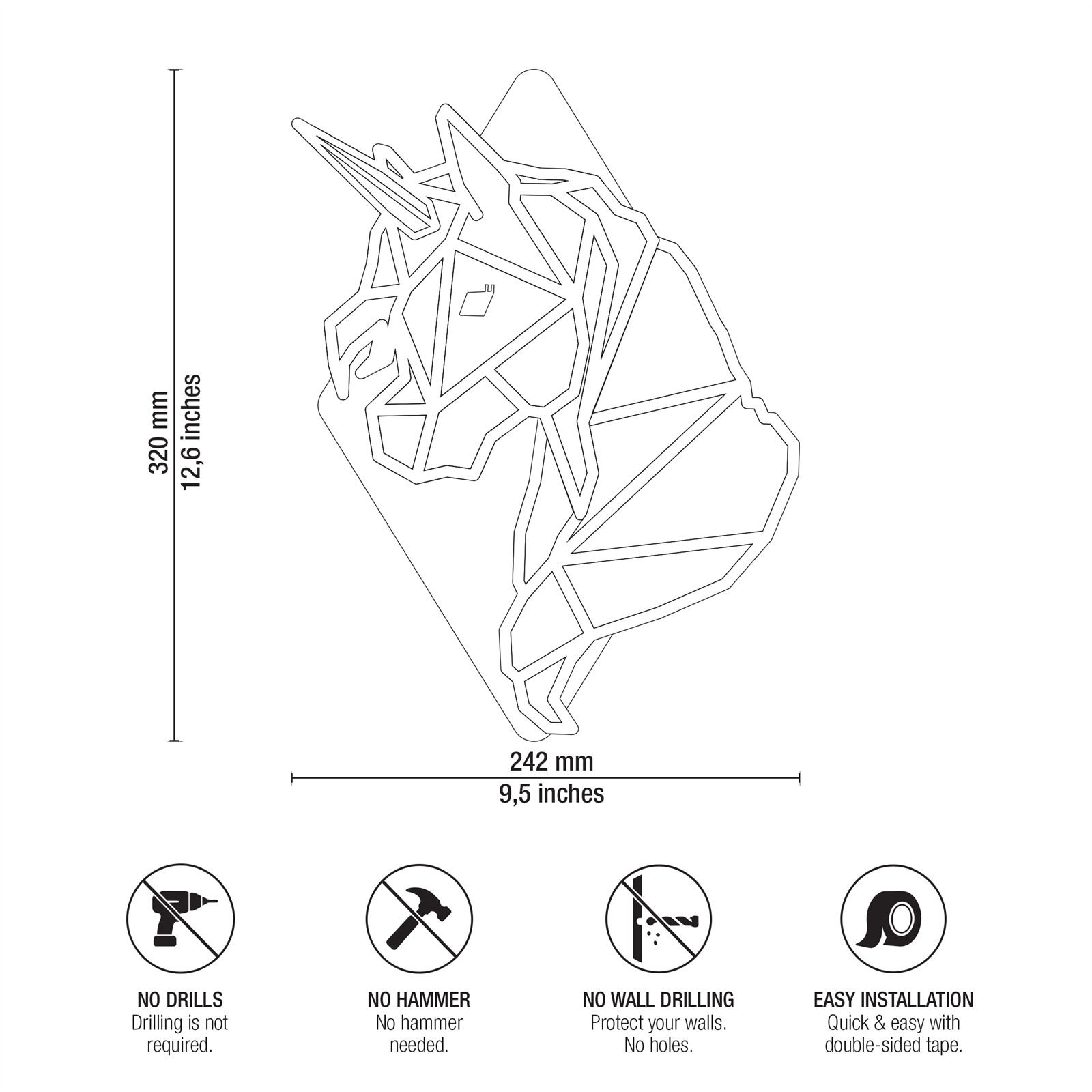 Origami Unicorn Technical Specifications and Dimensions Drawing